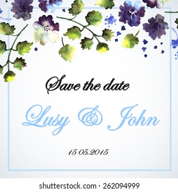 Retro wedding card with  watercolor blue flowers.  Hand painting. Illustration for greeting cards, invitations, and other printing projects.