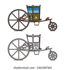 Retro wedding carriage or queen, princess vintage chariot, old buggy or Mesa coach, classic victoria horse transport or marriage perth-cart, royal buggy or fairytale brougham. Medieval cab icon