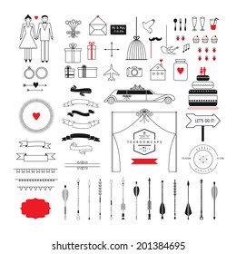 Retro wedding collection - vector icons, badges, arrows. Wedding, marriage, bridal. Isolated on a white