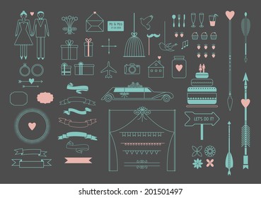 Retro wedding collection - vector icons, badges, arrows. Wedding