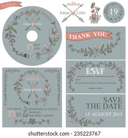 Retro wedding design template set with floral decor,ribbons,arrows,border. Cute doodles flowers wreath in retro style.Wedding invitation,cd,dvd,Thank card,RSVP card.Vector