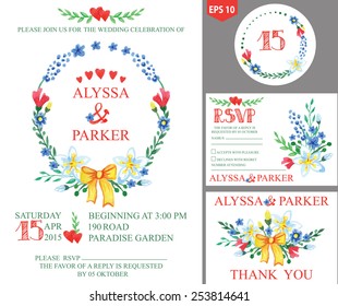 Retro wedding design template set with watercolor flowers ,bow,hearts and branches wreath.Decorative hand drawing floral decor.Vector invitation,number,RSVP,Thank you card