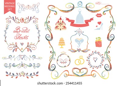 Retro Wedding Design Template Set With Floral Decor,ribbons,icons And Swirling Border. Watercolor Doodles,pencil Hand Drawing Sketched. .For Wedding Invitation,card.Vintage Bridal Shower Vector