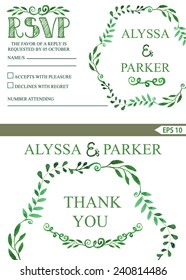Retro wedding design template with watercolor green branches wreath.Decorative hand drawing floral decor,swirling border.Vector vintage Thank you,RSVP,invitation card
