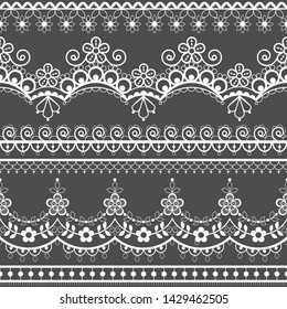 Retro wedding French or English lace seamless pattern set, white ornamental repetitive design with flowers - textile design. Decorative lace repetitive ornaments collection, vintage symmetric art