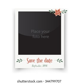 Retro wedding greeting cards. Template for photo of the bride and groom. Vector save the date  illustration