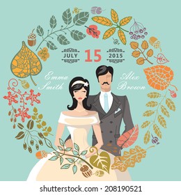 Retro wedding invitation with autumn leaves wreath. Cute cartoon couple groom and bride in retro style with vignettes.Vector design template