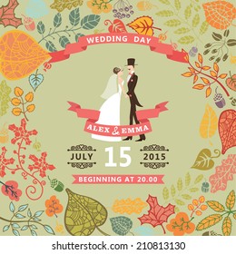 Retro wedding invitation with autumn leaves. Cute cartoon couple groom and bride in retro style with vignettes,ribbons.Vector design template