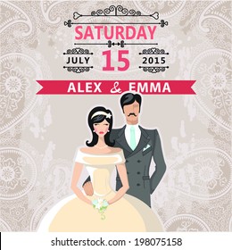 Retro wedding invitation with Cartoon couple bride and groom with vignettes,ribbon,pigeons.Vintage paisley grunge background.Vector design template.