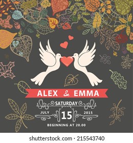 Retro wedding invitation with falling autumn leaves wreath. Cute cartoon couple  white pigeons with swirling border,ribbons.Vector design template