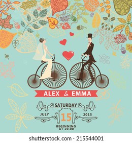 Retro wedding invitation with falling autumn leaves . Cute cartoon couple groom and bride in retro bicycle with swirling border,ribbon.Vector design template