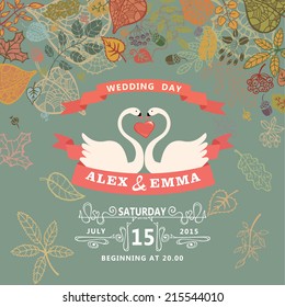 Retro wedding invitation with falling autumn leaves wreath. Cute cartoon couple white swans with swirling border ,ribbons.Vector design template