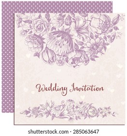 Retro wedding invitation, floral decorations