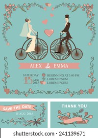 Retro wedding invitation with floral doodle decor,wreath , border. Cute cartoon couple groom and bride on retro bicycle.Vintage Vector design template set.Save date,thank you card
