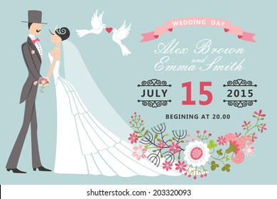 Retro wedding invitation with Floral elements.Cartoon bride , groom  with vignettes , ribbon , pigeons.A design template.Vector Illustration.