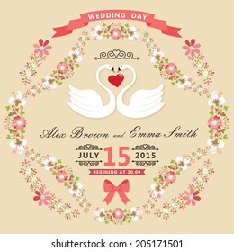 Retro wedding invitation with floral frame. Cute cartoon couple swans in retro style with vignettes,ribbons.Vector design template