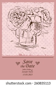 Retro wedding invitation with mason jar and peony flowers on a polka dot background. Save the date concept