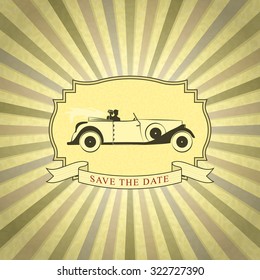 Retro Wedding Invitation with Place for Text. Vintage Background with Bride and Groom Driving Vintage Car