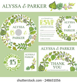 Retro wedding invitation with Spring green leaves wreath.Decorative Spring,summer  leaves,text,numbers,swirling border.Vector design template