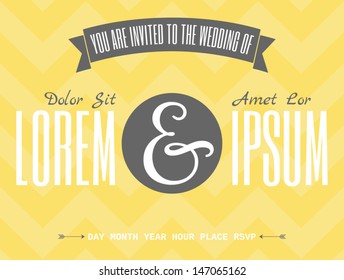 Retro wedding invitation template with typographic designs against yellow chevron background.