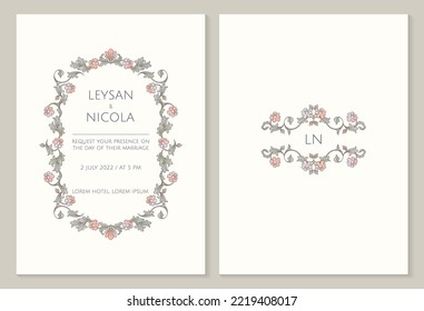 Retro wedding invitation template. Vintage color oval frame and monogram border. Floral decoration pattern.