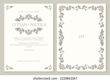 Retro wedding invitation template. Vintage color frame and monogram. Floral decoration pattern.