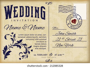 Retro Wedding Invitation Vector Design on Old Grunge Postcard