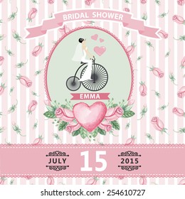Retro wedding invitation.Bridal shower design template with watercolor roses bud,bouquet, bride on retro  bicycle.Decorative hand drawing floral decor,label,ribbons.Cute Vector  illustration