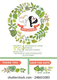 Retro wedding invitation.Couple of stylized heart,Spring green leaves wreath.Decorative Spring,summer  leaves,text,numbers.Vector design template set