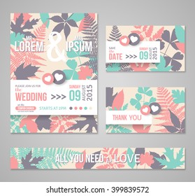 Retro wedding invitations design with forest leaves, branches. Vector illustration. Decorative floral texture, natural border. Save the date cards. Typographic template for text.