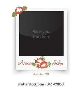 Retro wedding photo frame with autumn bouquet. Template for photo album of the bride and groom. Vector wedding illustration