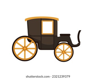 Retro-Hochzeit oder königliche Holzkutsche auf Rädern, schwarzer Farbwagen mit DachVektorgrafik einzeln auf weißem Hintergrund