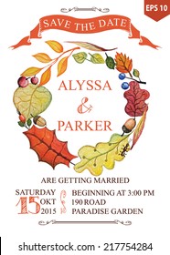 Retro wedding wedding save the date card with autumn Watercolor leaves wreath.Decorative autumn leaves,text,numbers,ribbon,swirling border.Vector design template