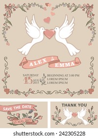 Retro wedding template set with floral doodle decor,border,hearts,ribbons.Cute cartoon pigeon couple .Vintage Vector design.Save date,invitation,thank you card.