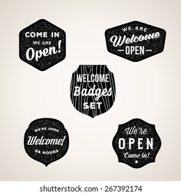 Retro Welcome and Open Signs or Labels. Textured Shapes, Shields with Typography. Isolated. 