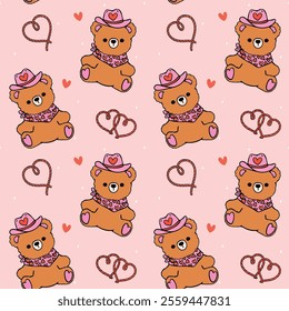 Retro Western Valentine Seamless Pattern Cowboy Teddy Bear with heart cartoon isolated on background