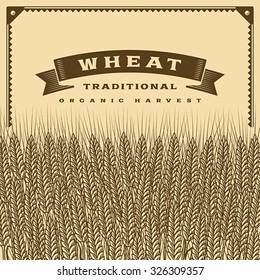 Retro wheat harvest card brown. Editable vector illustration with clipping mask.