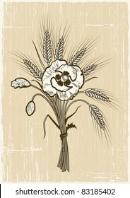 Retro wheat and poppies bouquet. Vector