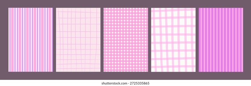 Fondos retro caprichosos con rayas dibujadas a mano, cuadros y guinga. Texturas pastel lindas para papelería coqueta, scrapbooking, textil, tela, embalaje, envoltura. Ilustración vectorial plana.