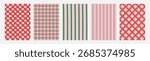 Retro whimsical Christmas backgrounds set with distorted checkerboard, plaid, vertical stripes, and lattice patterns. Festive geometric textures for holiday invitations, crafts. Vector illustration.