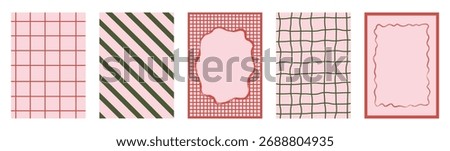Retro whimsical Christmas backgrounds set with geometric grid, diagonal stripes, and playful hand-drawn frames. Festive colors for seasonal wrapping paper, invites, craft projects. Vector illustration
