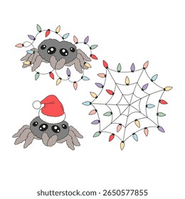 Retro Whimsical Creepy Cute Spider in Santa Hats with Garland cobweb Christmas Halloween Fusion Clipart Set isolated on white. Great for gothic holiday crafts, alternative wrapping paper, spooky party