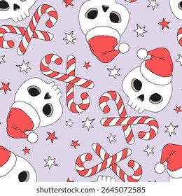 Retro Whimsical Jolly Roger Skeleton Skull em chapéu de Papai Noel com bengalas de doces cruzados como ossos vetor de mistura de Natal sem emenda padrão. Perfeito para papel de embrulho de férias, vestuário festivo gótico