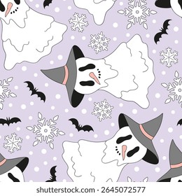 Retro Whimsical Sheet Ghost Snowmen in Witch Hat, bats and snowflakes Halloween Christmas fusion vector Seamless Pattern. Perfect for quirky holiday wrapping paper, spooky seasonal textiles, festive