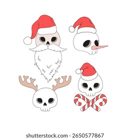 Retro Whimsical Spooky Santa Skull, Snowman Skull, Reindeer Antler Skull, Jolly Roger Inspired Skull Halloween Christmas Fusion Vector Illustration Set isolated on white. Perfect for alternative