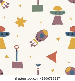 Retro whimsical UFO and space station seamless pattern. Geometric alien saucer and capsule for scandi kids fabric and nursery decor.