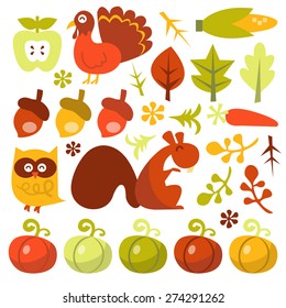 A retro whimsical vector illustration set of harvest theme characters and elements. 