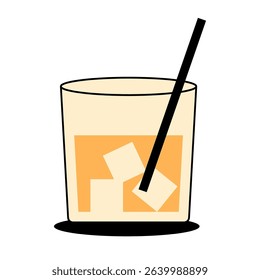 Retro whiskey glass with ice cubes. Perfect for bar illustrations, drink labels, and vintage lifestyle designs. Flat vector illustration on white background