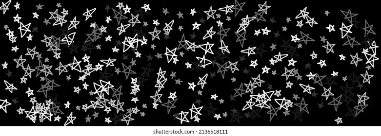 Retro White Black Kids Sky Naive Handdrawn Stars. Grey Bright Art Stars Chaotic Simple Childish Night Stars Background. Dark Gray Monochrome Monochrome Simple Chaotic Bright Handdrawn Illustration.