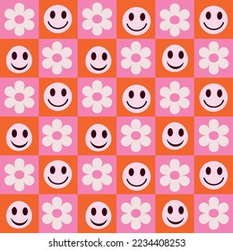 Retro white flowers and happy faces on pink and pink checkerboards seamless pattern. For wrapping paper, stationary and textile